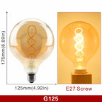 Ampoule à Filament Spirale – ampoule grand globe à filament spirale, schéma coté et ampoule allumée en lumière ambrée