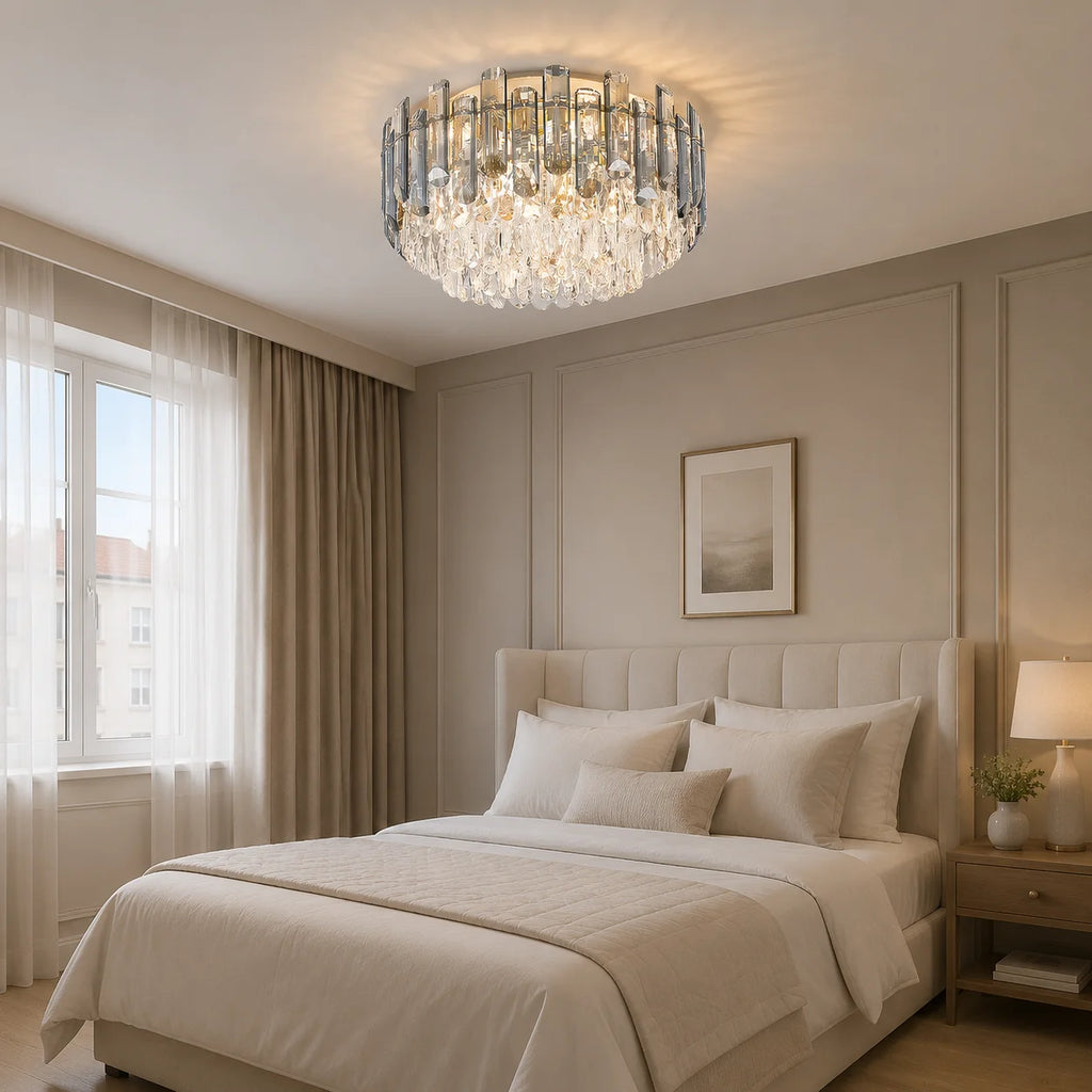 Fumia Plafonnier en Cristal et Verre Fumé – dans une chambre aux rideaux clairs