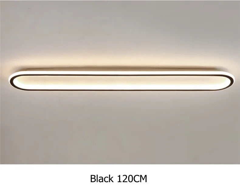 Piste Plafonnier LED Oblong – plafonnier noir allumé, lumière chaude, vue de face