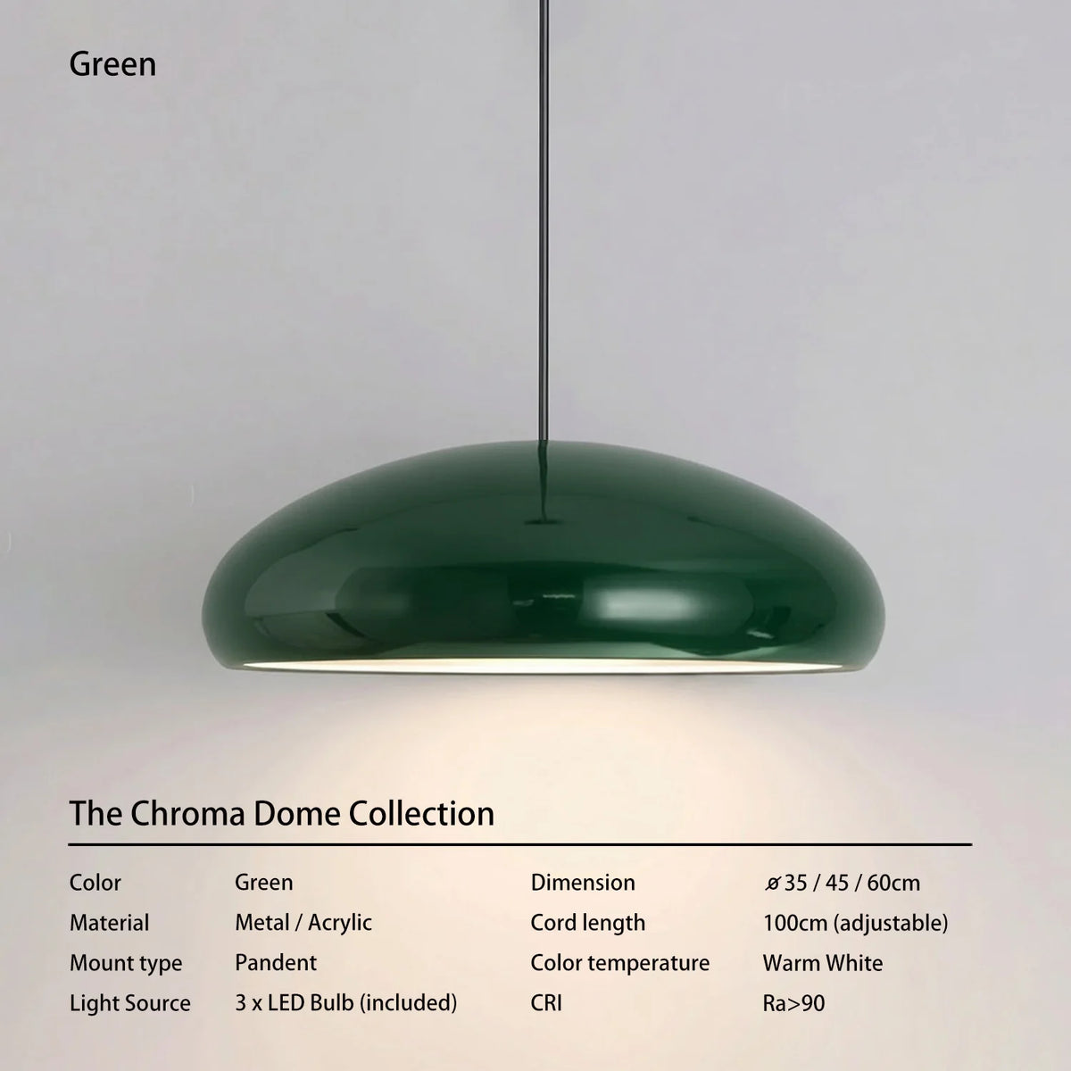 Laquen Suspension Dôme Laqué Moderne – Vert, Blanc chaud