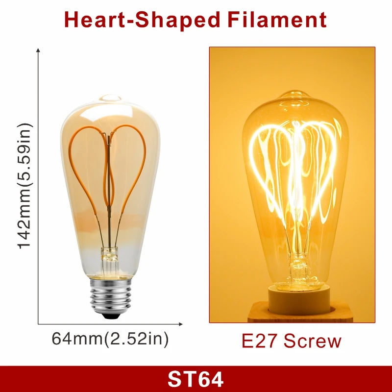 Ampoule à Filament Spirale – ampoule poire allongée, schéma coté et ampoule allumée en lumière ambrée