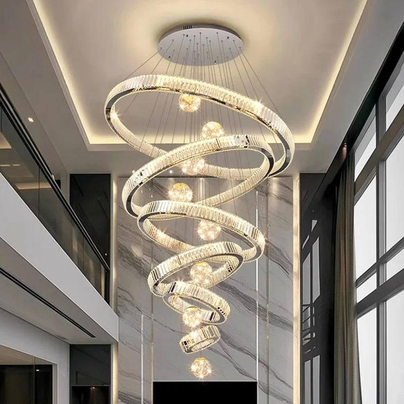 Saturne Lustre Anneaux en Cristal Moderne – grand lustre à anneaux de cristal dans une double hauteur lumineuse