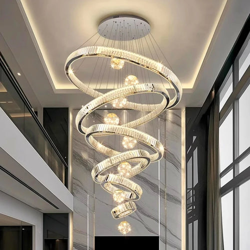 Saturne Lustre Anneaux en Cristal Moderne – grand lustre à anneaux de cristal dans une double hauteur lumineuse
