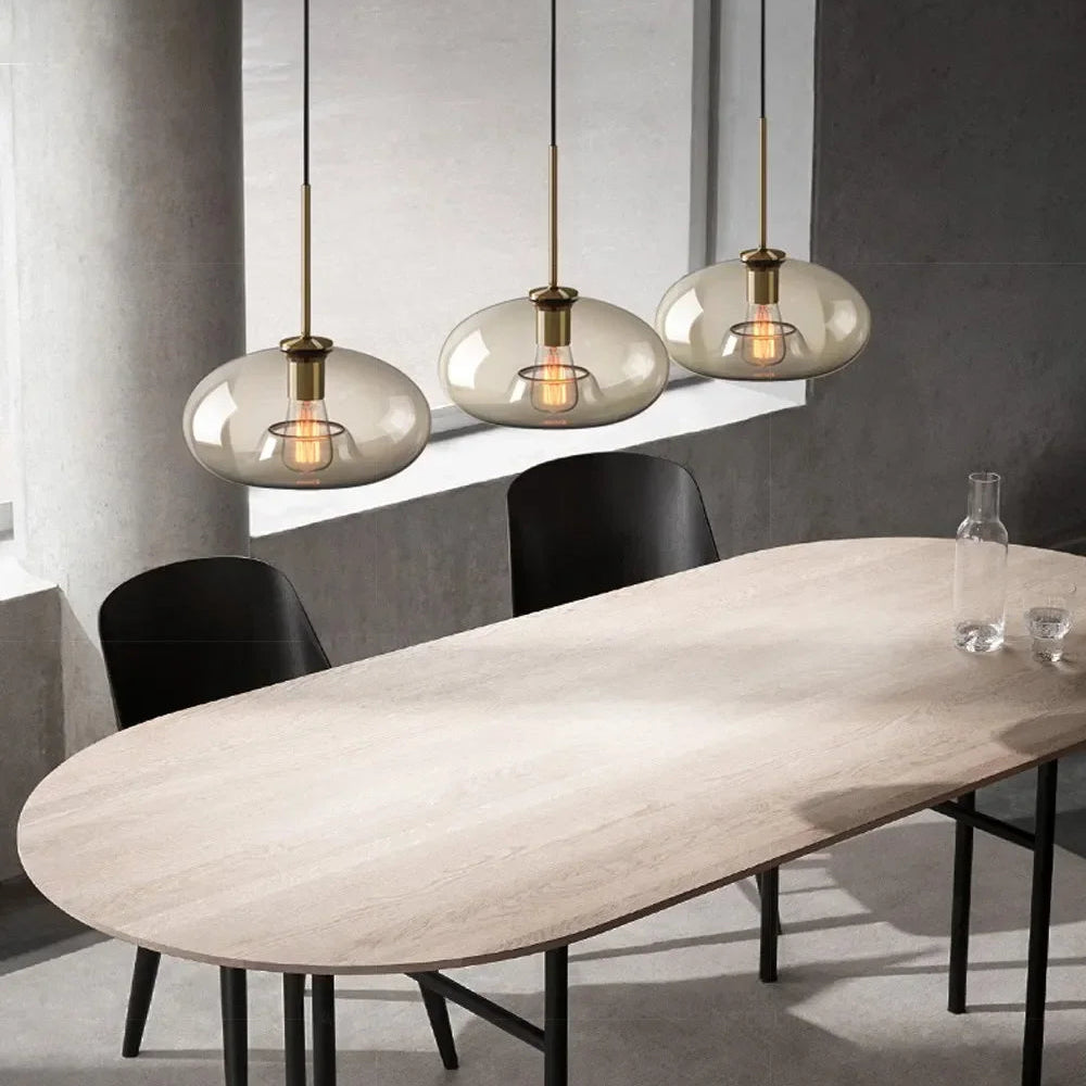 Ambra Suspension en Verre Ambré, 5 Formes au Choix – suspensions au-dessus d'une grande table à manger