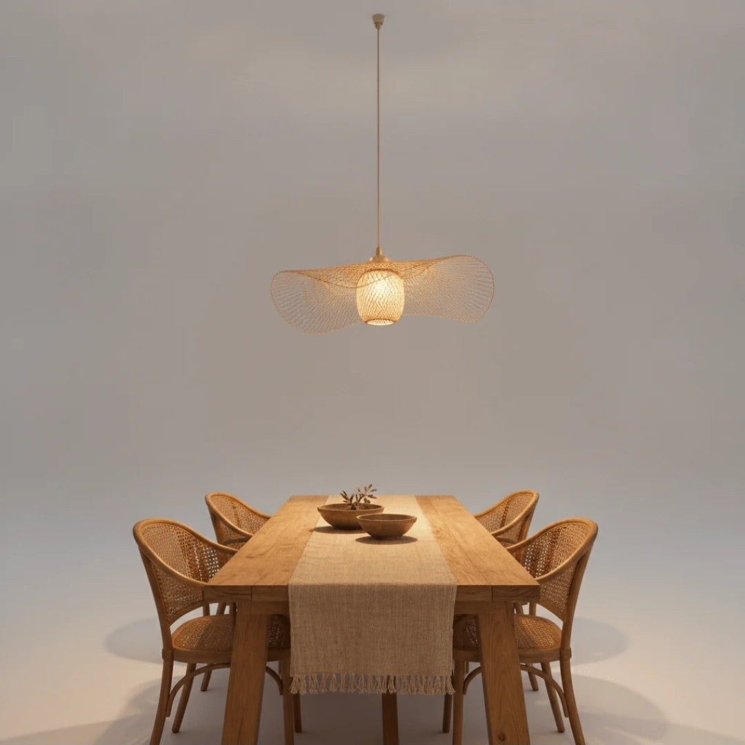 Chaprel Suspension Chapeau et Globe en Bambou Tressé – suspension allumée au-dessus d'une table en bois