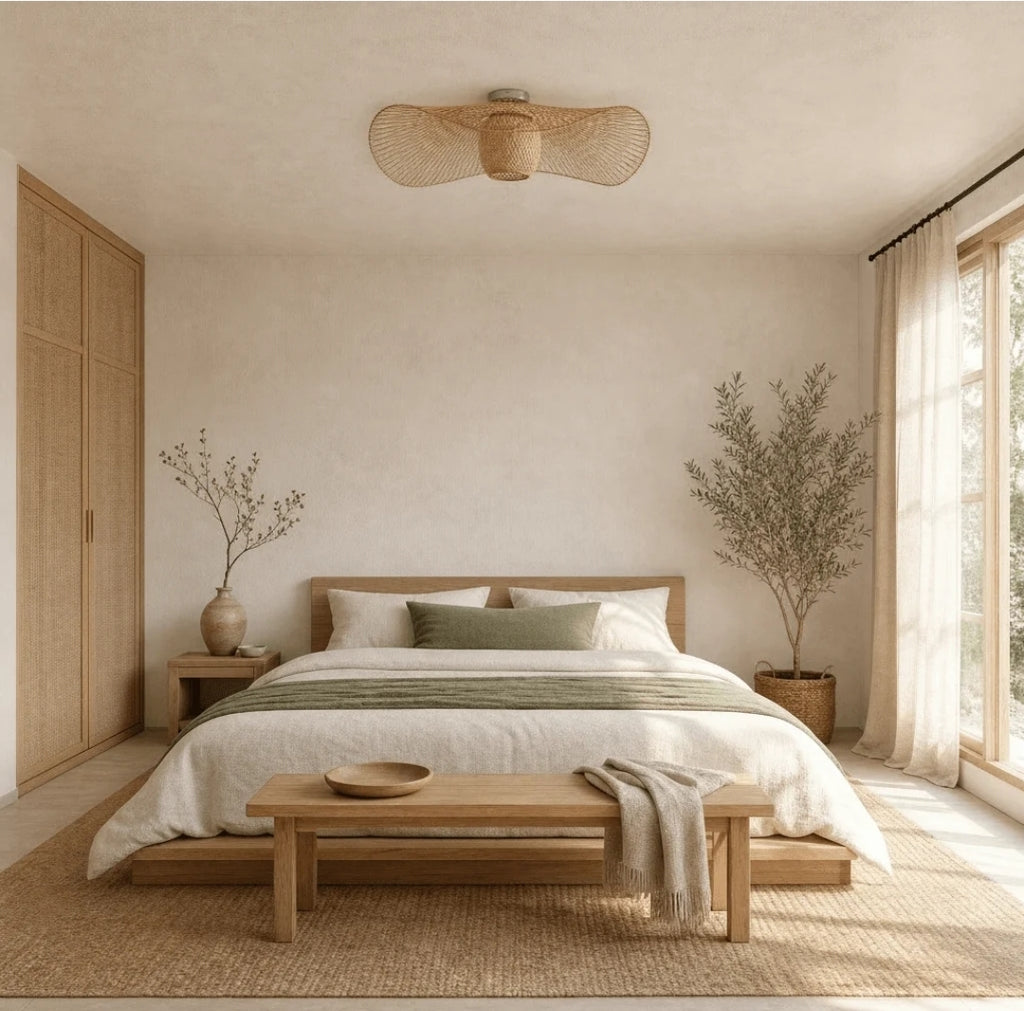 Chaprel Suspension Chapeau et Globe en Bambou Tressé – dans une chambre beige avec lit et plantes