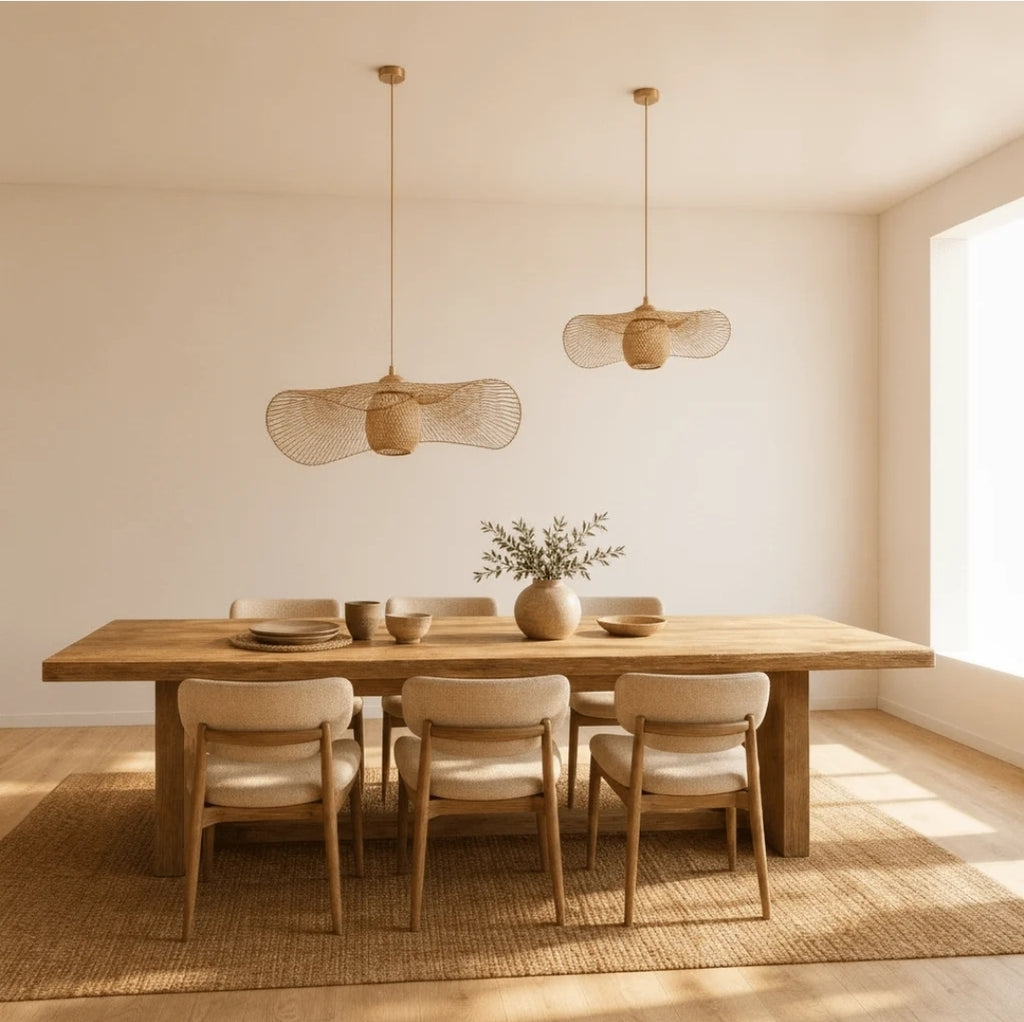 Chaprel Suspension Chapeau et Globe en Bambou Tressé – deux suspensions au-dessus d'une table en bois et de chaises