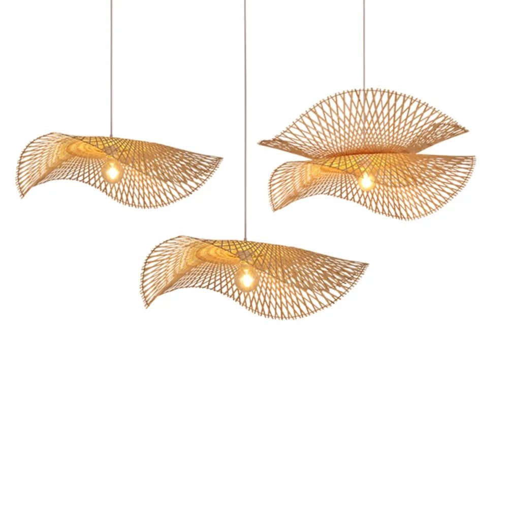 Ondine Suspension Vague Double en Bambou Tressé – trois vues de l'abat-jour en vague