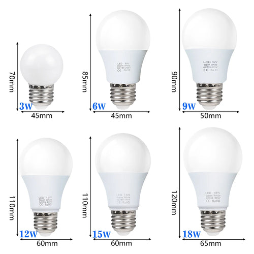Ampoule LED Globe E27 9 W, Blanc Chaud – tableau des tailles et puissances 3 W, 6 W et 9 W, cotes en millimètres