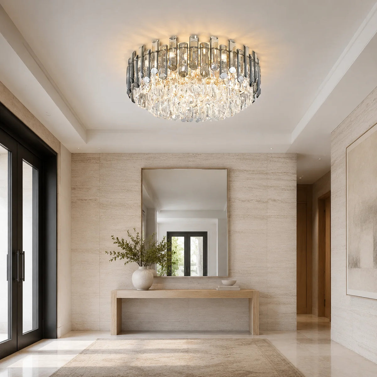 Fumia Plafonnier en Cristal et Verre Fumé – dans une entrée avec grand miroir