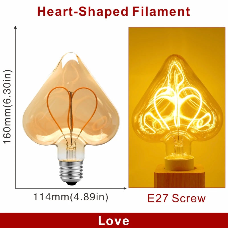 Ampoule Globe à Filament – ampoule forme cœur, schéma coté et ampoule allumée en lumière ambrée