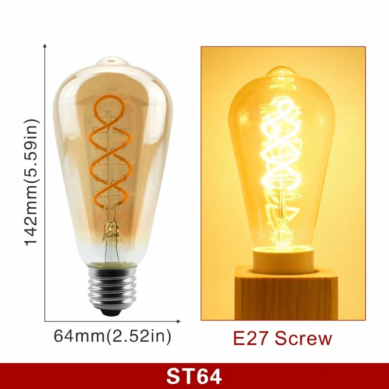 Ampoule à Filament Spirale – ampoule poire allongée, schéma coté et ampoule allumée en lumière ambrée
