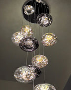 Aurore Suspension en Cristal pour Escalier – globes en cristal transparents, ambrés et gris