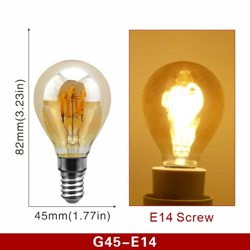 Ampoule Globe à Filament – ampoule mini globe, schéma coté et ampoule allumée en lumière ambrée