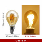 Ampoule Globe à Filament – ampoule mini globe, schéma coté et ampoule allumée en lumière ambrée