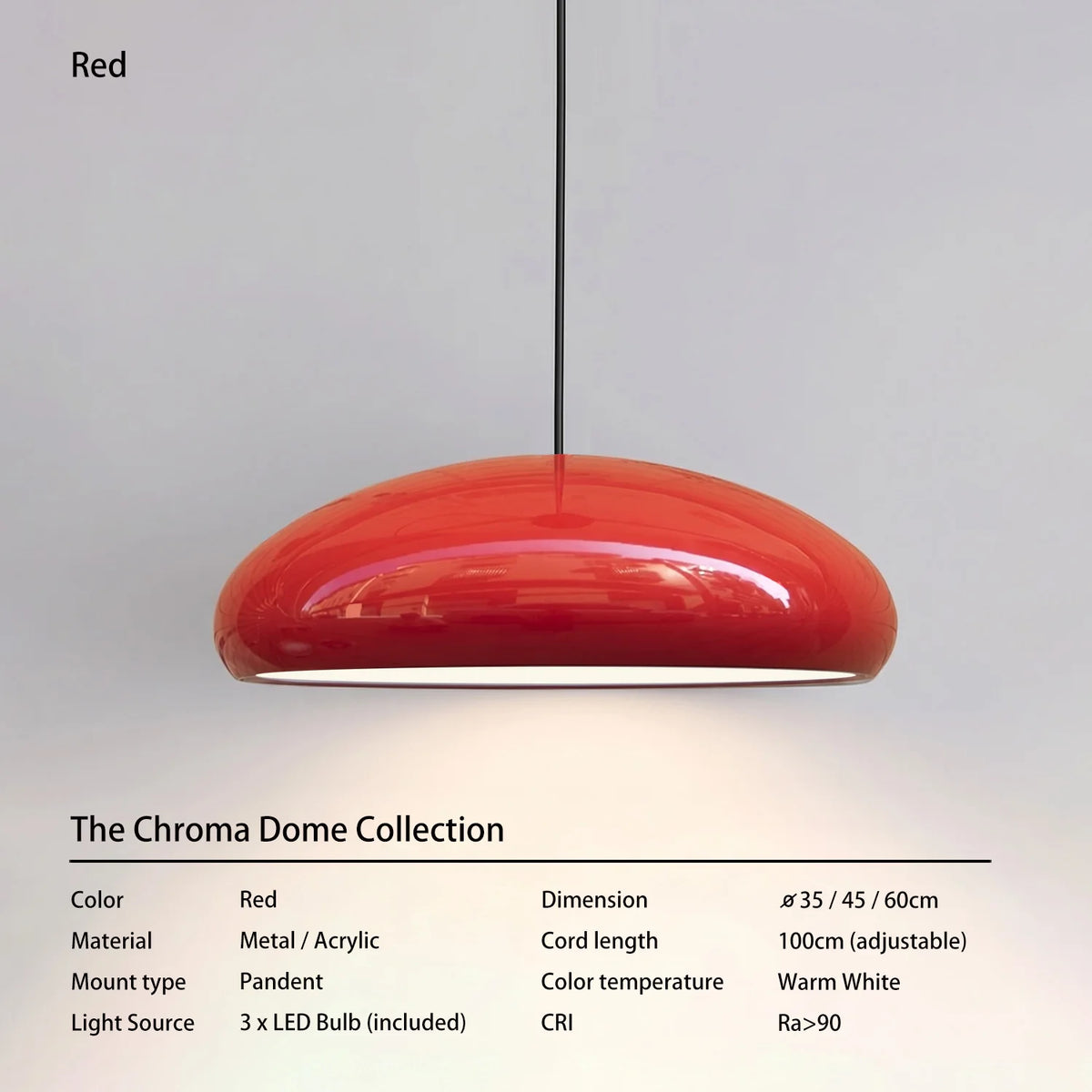 Laquen Suspension Dôme Laqué Moderne – Rouge, Blanc chaud