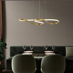 Fluva Suspension Ruban LED Minimaliste – ruban LED doré au-dessus d'une table et d'un canapé vert