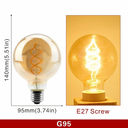 Ampoule Edison à Filament – ampoule poire, schéma coté et ampoule allumée en lumière ambrée