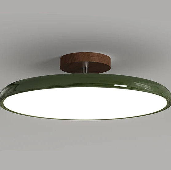 Médaillon Plafonnier LED Rond – gros plan du disque vert et de sa fixation brune