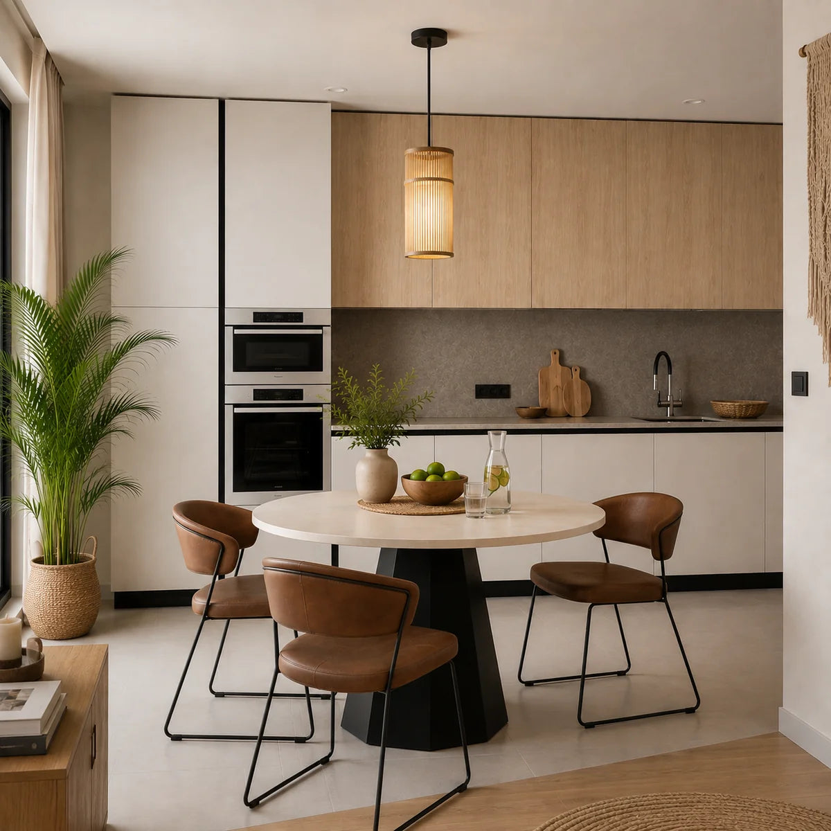 Tavera Suspension Cylindre en Bambou Tressé – dans une cuisine avec table ronde et plante