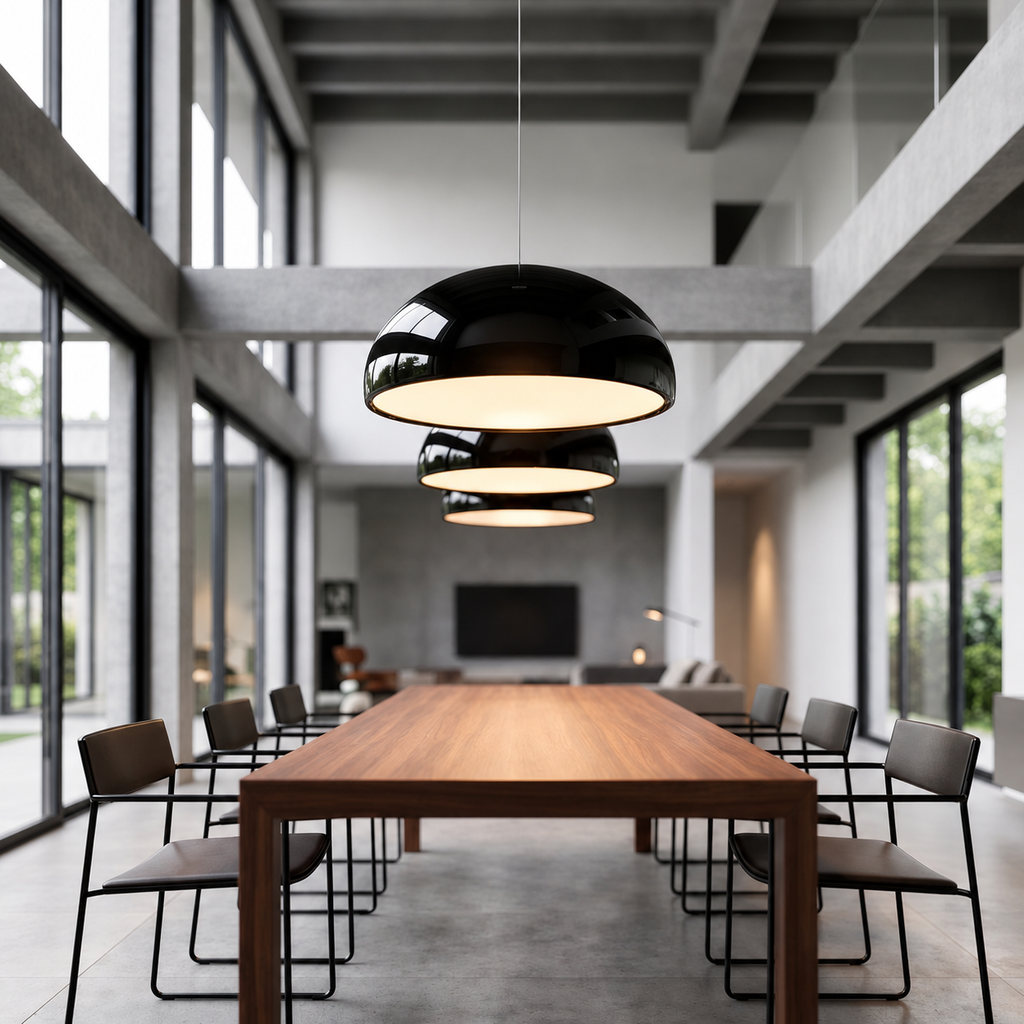 Laquen Suspension Dôme Laqué Moderne – dômes noirs et blancs au-dessus d'une longue table dans un loft