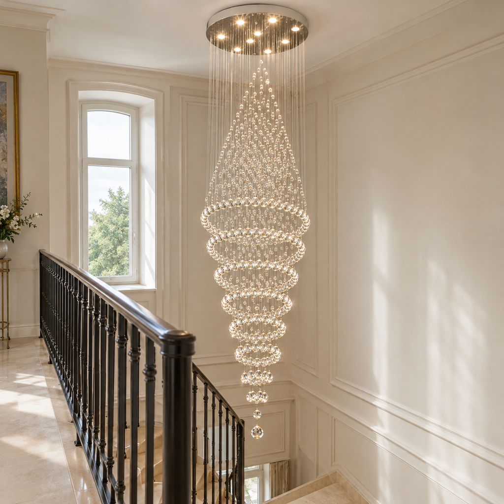 Lustre cascade en cristal vu depuis le palier de l'étage