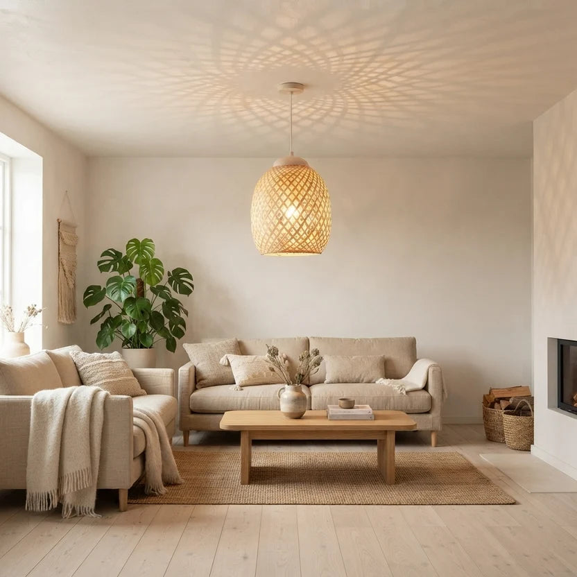 Lanora Suspension Lanterne en Bambou Tressé – lanterne dans un salon clair avec canapé et plante