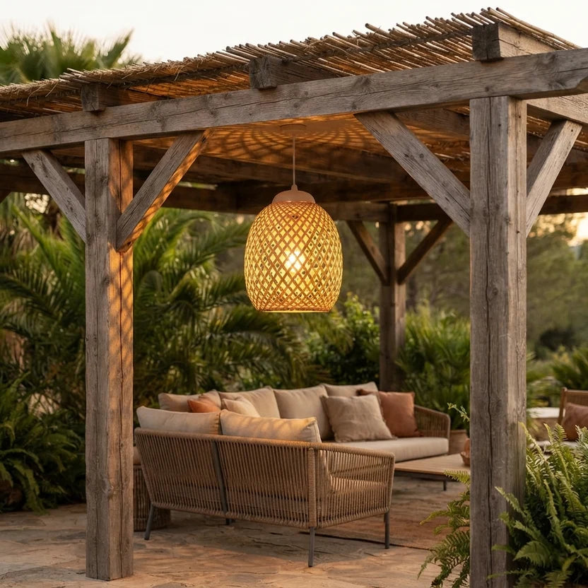 Lanora Suspension Lanterne en Bambou Tressé – lanterne sur une terrasse couverte avec salon de jardin
