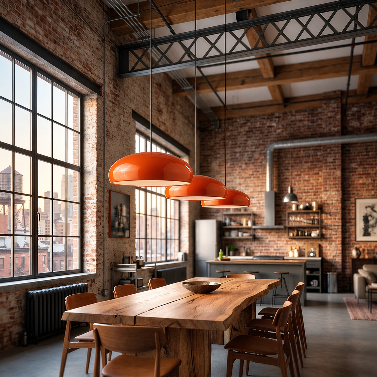 Laquen Suspension Dôme Laqué Moderne – dômes orange dans un loft en briques