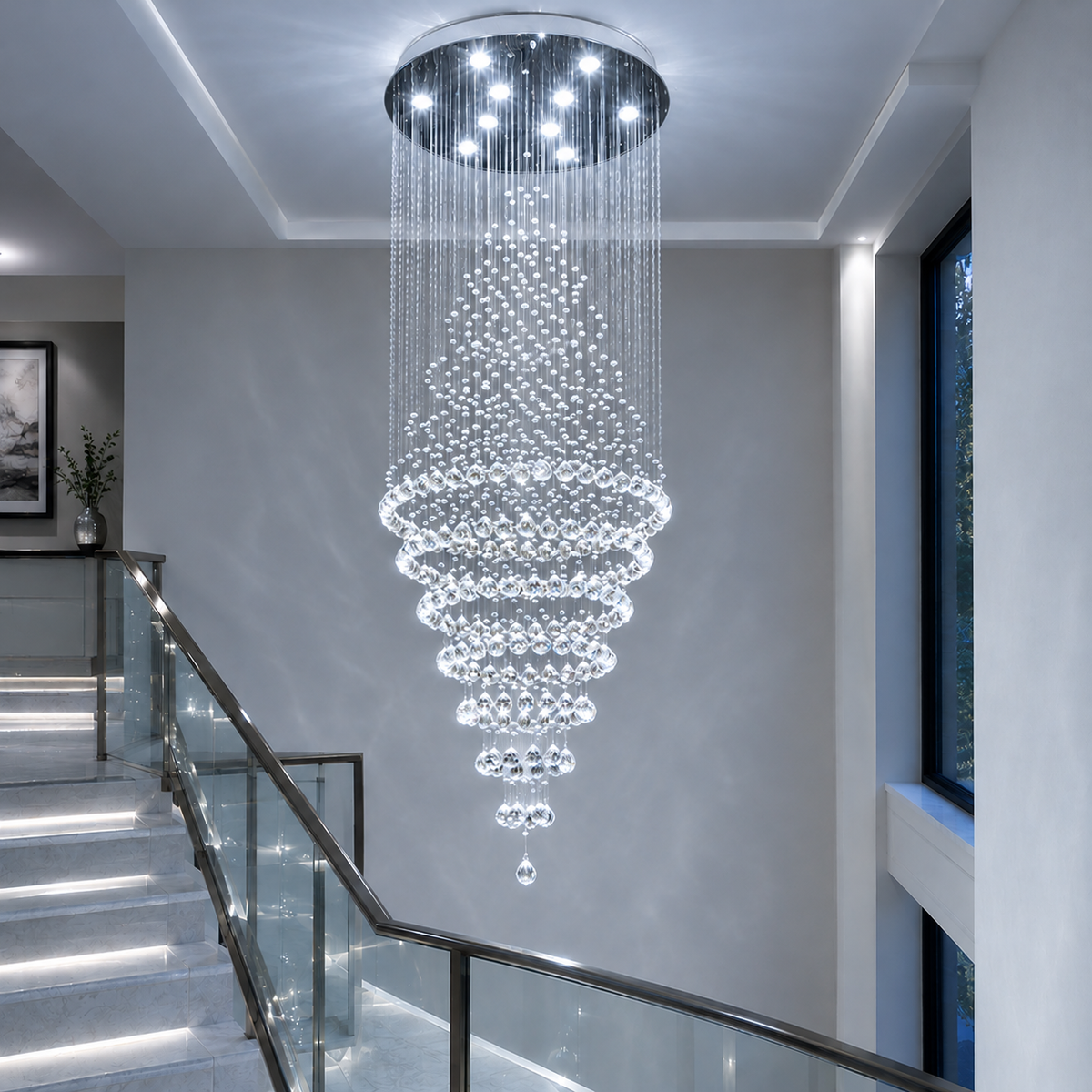 Lustre cascade en cristal avec lumière blanc froid