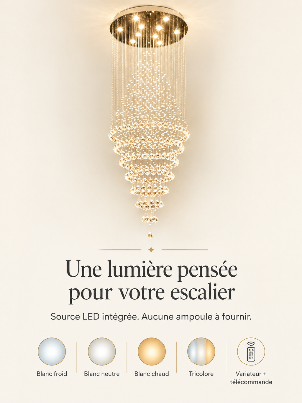 Choix de la teinte de lumière du lustre cascade, LED intégrée