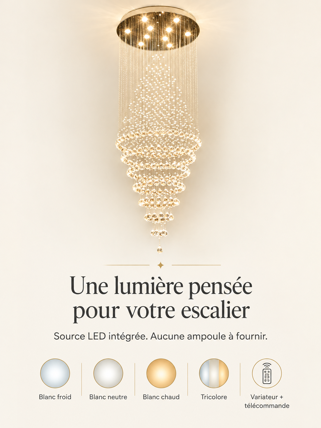 Choix de la teinte de lumière du lustre cascade, LED intégrée