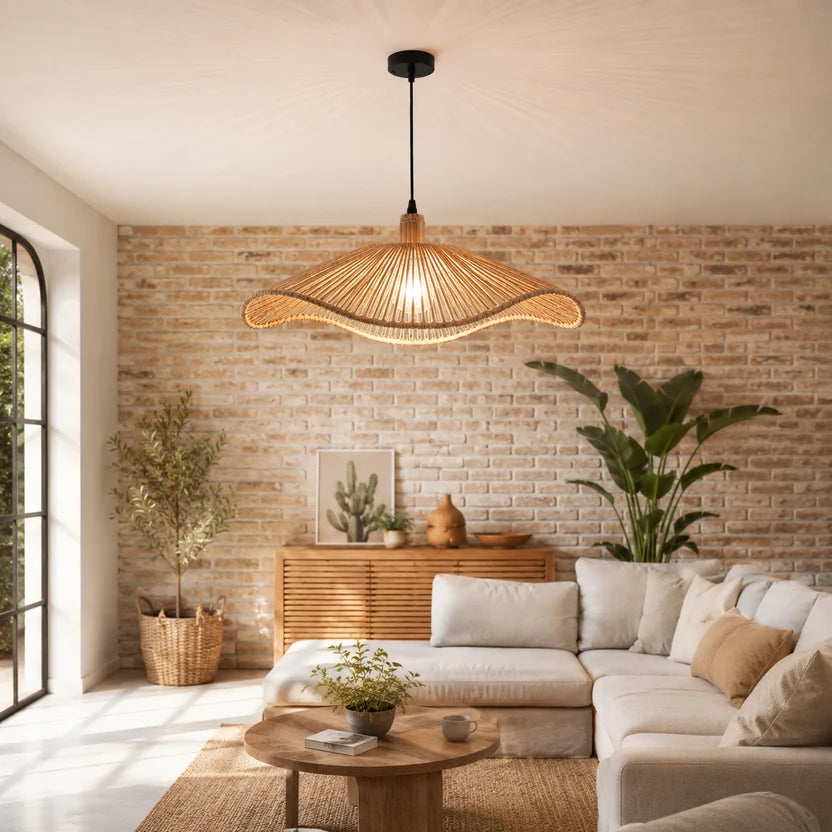Savia Abat-jour Bohème Tressé à Volants – dans un salon avec mur de briques et plantes
