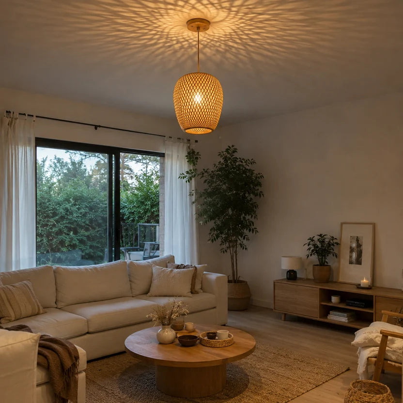 Ovia Suspension Œuf en Bambou Tressé – dans un salon clair près d'une fenêtre sur un jardin