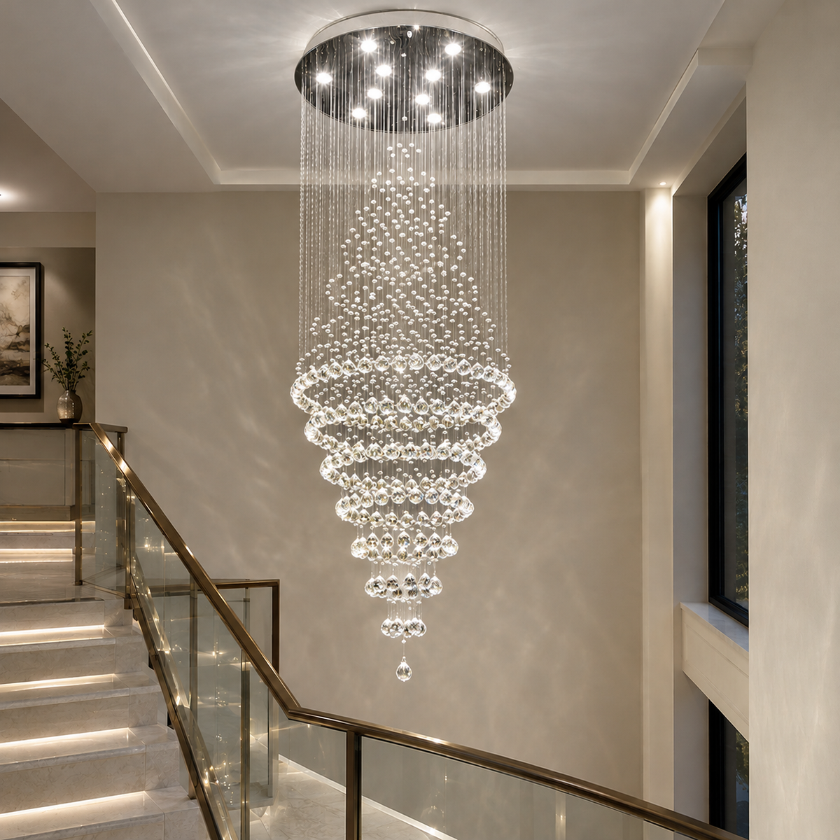 Lustre cascade en cristal avec lumière blanc neutre