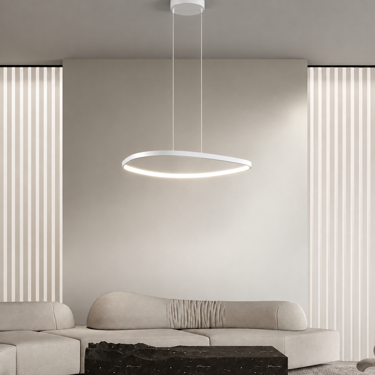 Orbite Anneau Suspension LED Minimaliste – anneau lumineux blanc devant un mur à lattes