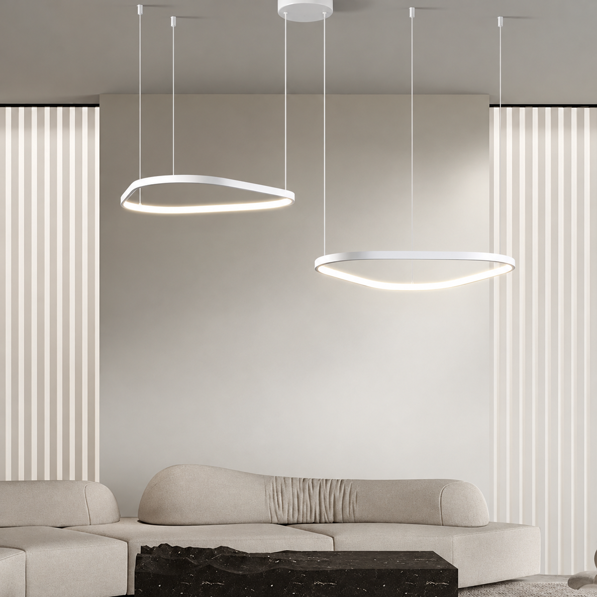 Orbite Duo Lustre 2 Anneaux LED Moderne – deux anneaux devant des rideaux