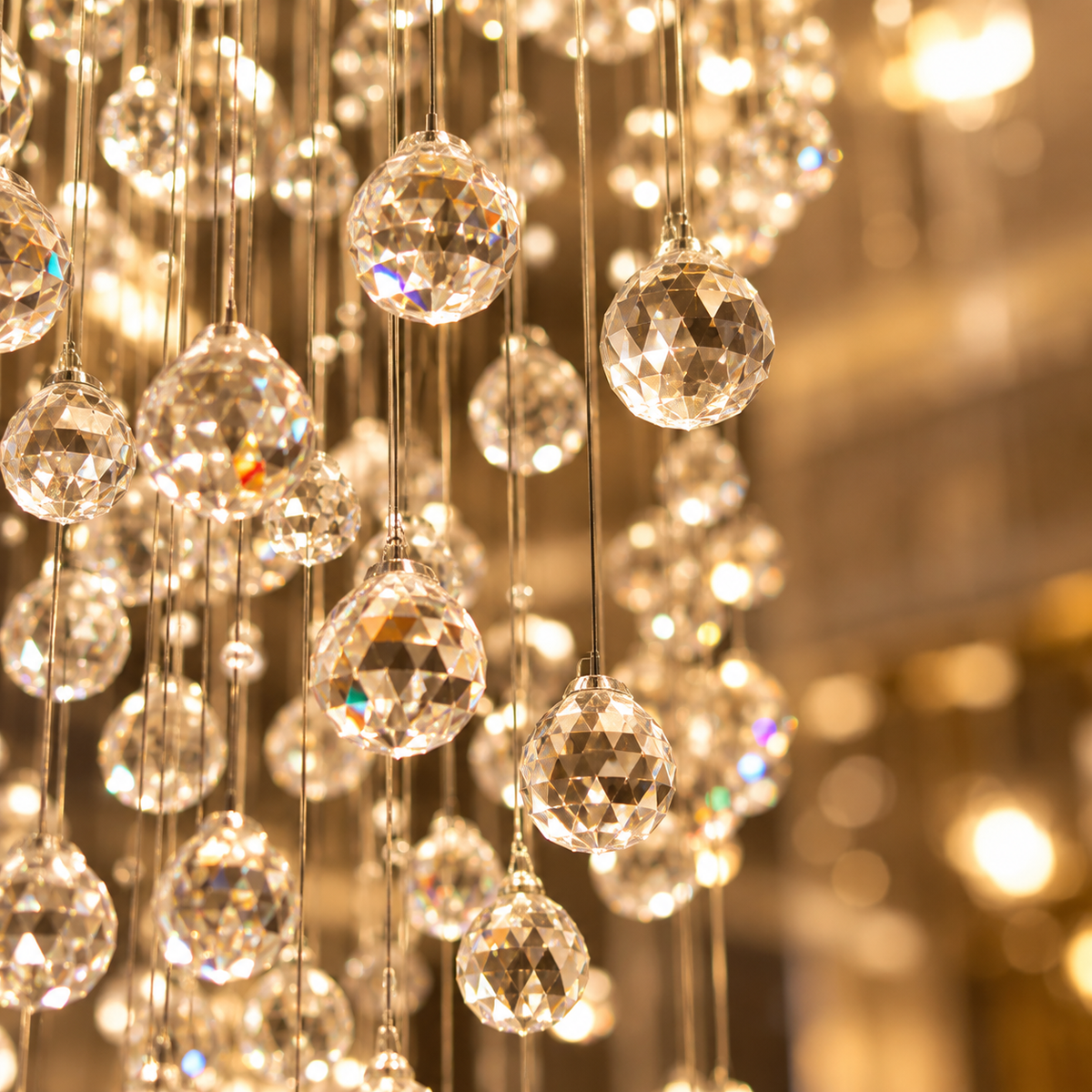 Gros plan sur les boules de cristal du lustre cascade