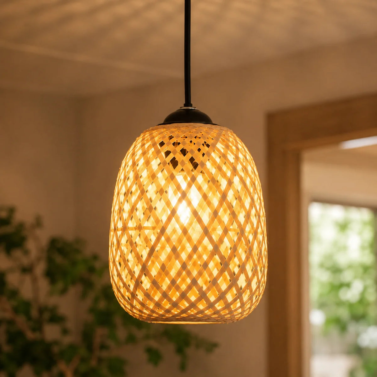 Lanora Suspension Lanterne en Bambou Tressé – gros plan de la lanterne en bambou allumée