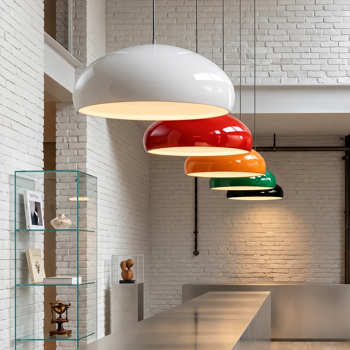 Laquen Suspension Dôme Laqué Moderne – dômes laqués rouge, orange et vert dans un loft blanc