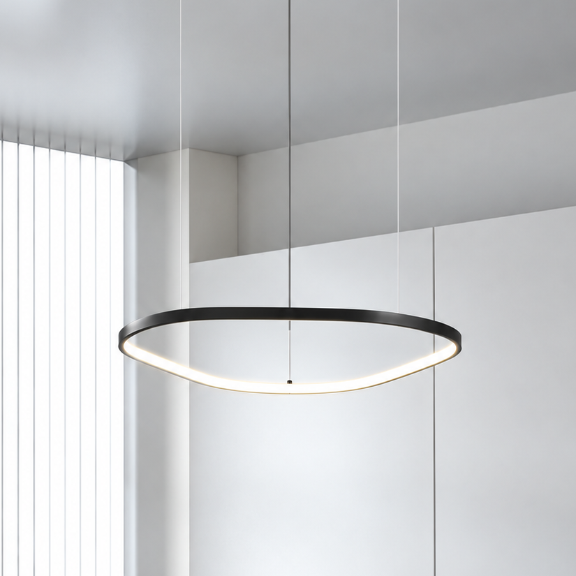 Orbite Anneau Suspension LED Minimaliste – anneau noir suspendu devant un mur à lattes