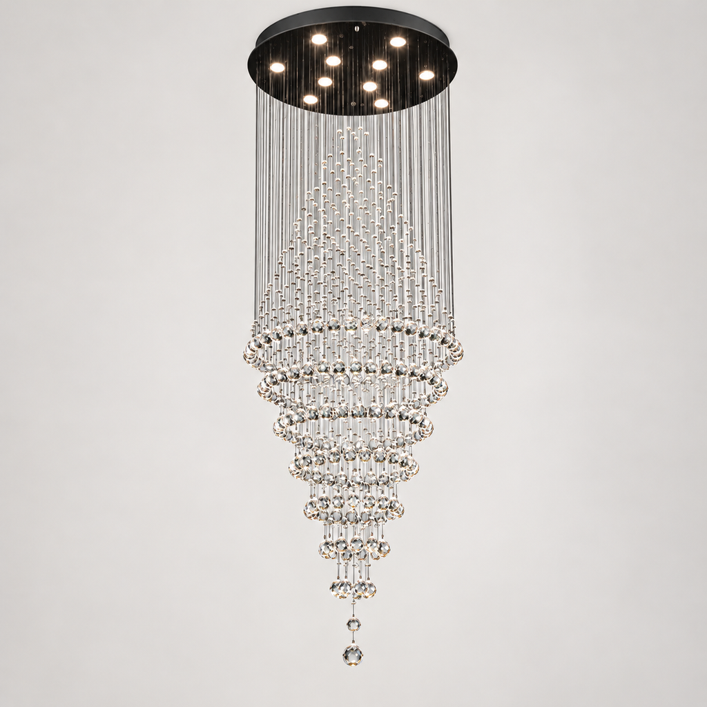 Lustre cascade en cristal finition noire, platine et câbles noirs