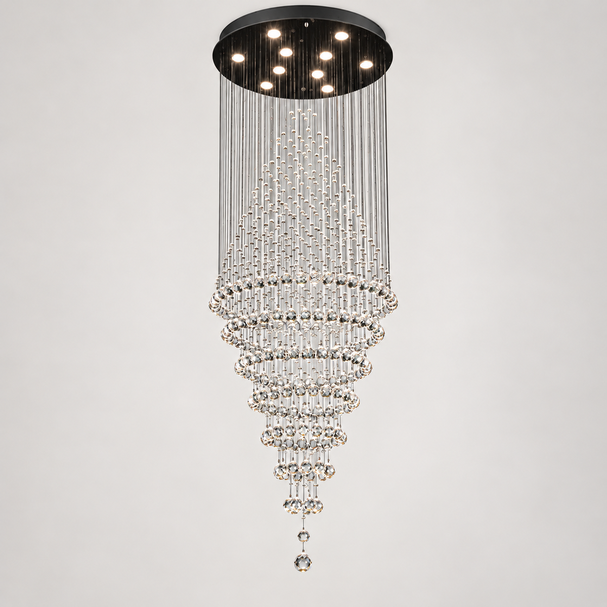 Lustre cascade en cristal finition noire, platine et câbles noirs