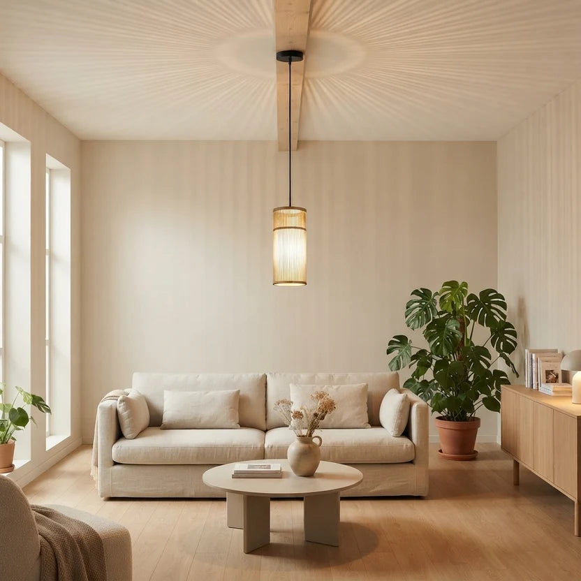 Tavera Suspension Cylindre en Bambou Tressé – dans un salon clair avec canapé et plante