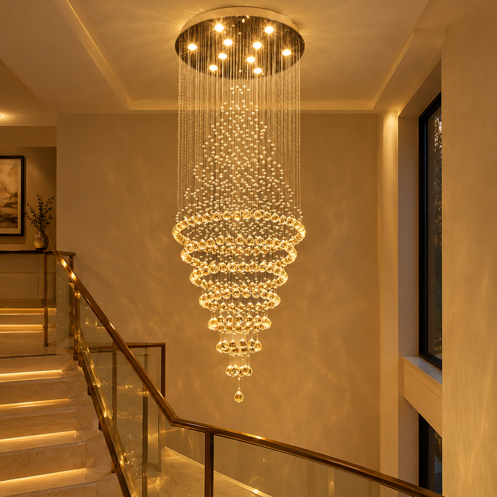 Lustre cascade en cristal avec lumière blanc chaud