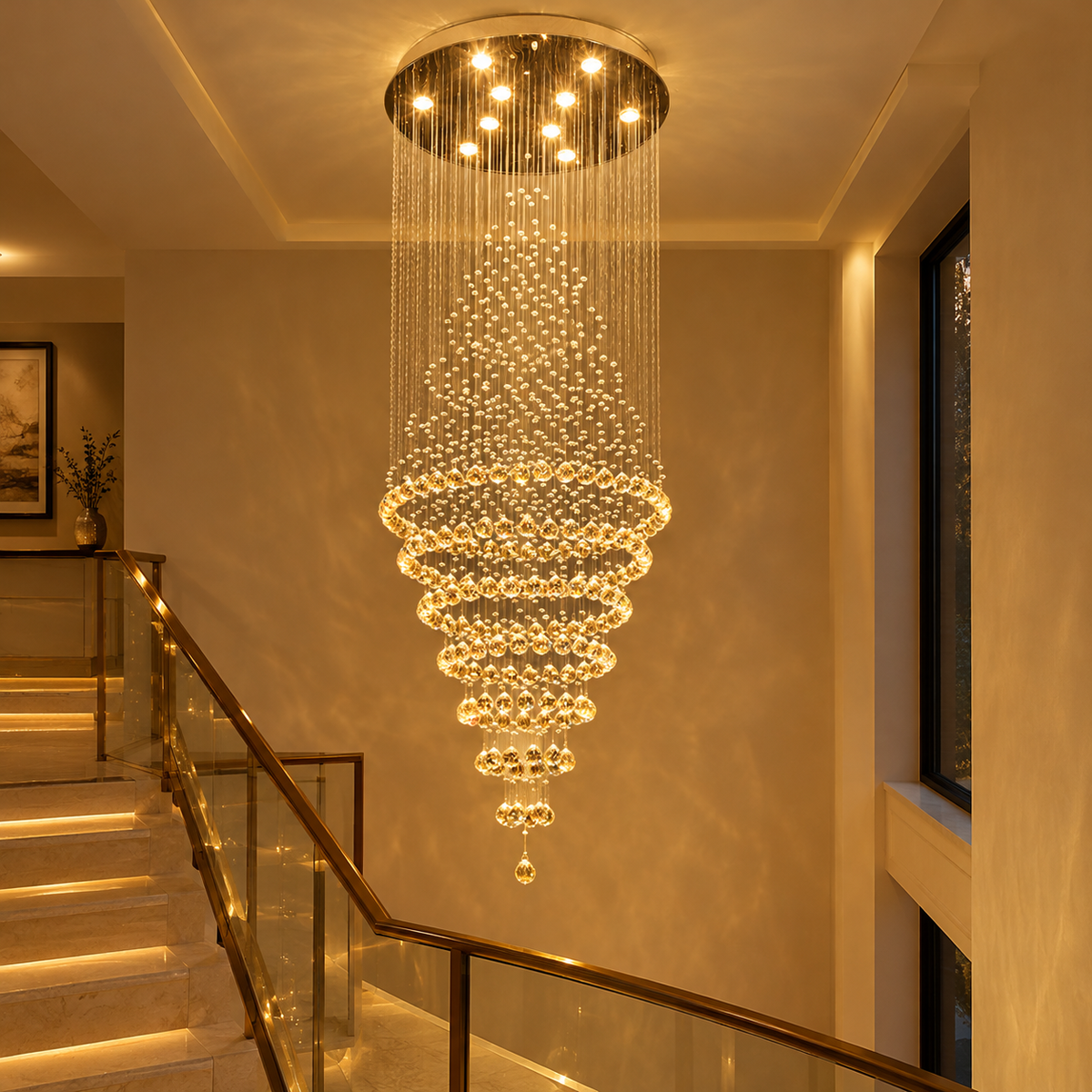 Lustre cascade en cristal avec lumière blanc chaud