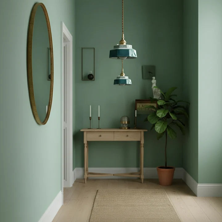 Hexa Suspension en Céramique – suspensions bleu-vert au-dessus d'une console, mur vert