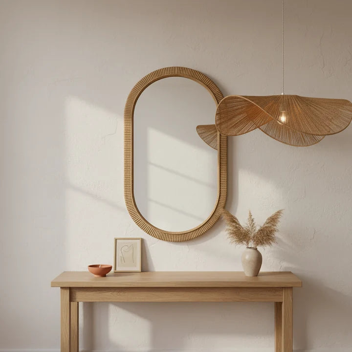 Papyra Suspension en Corde de Papier et Fer – près d'un miroir ovale au-dessus d'une console